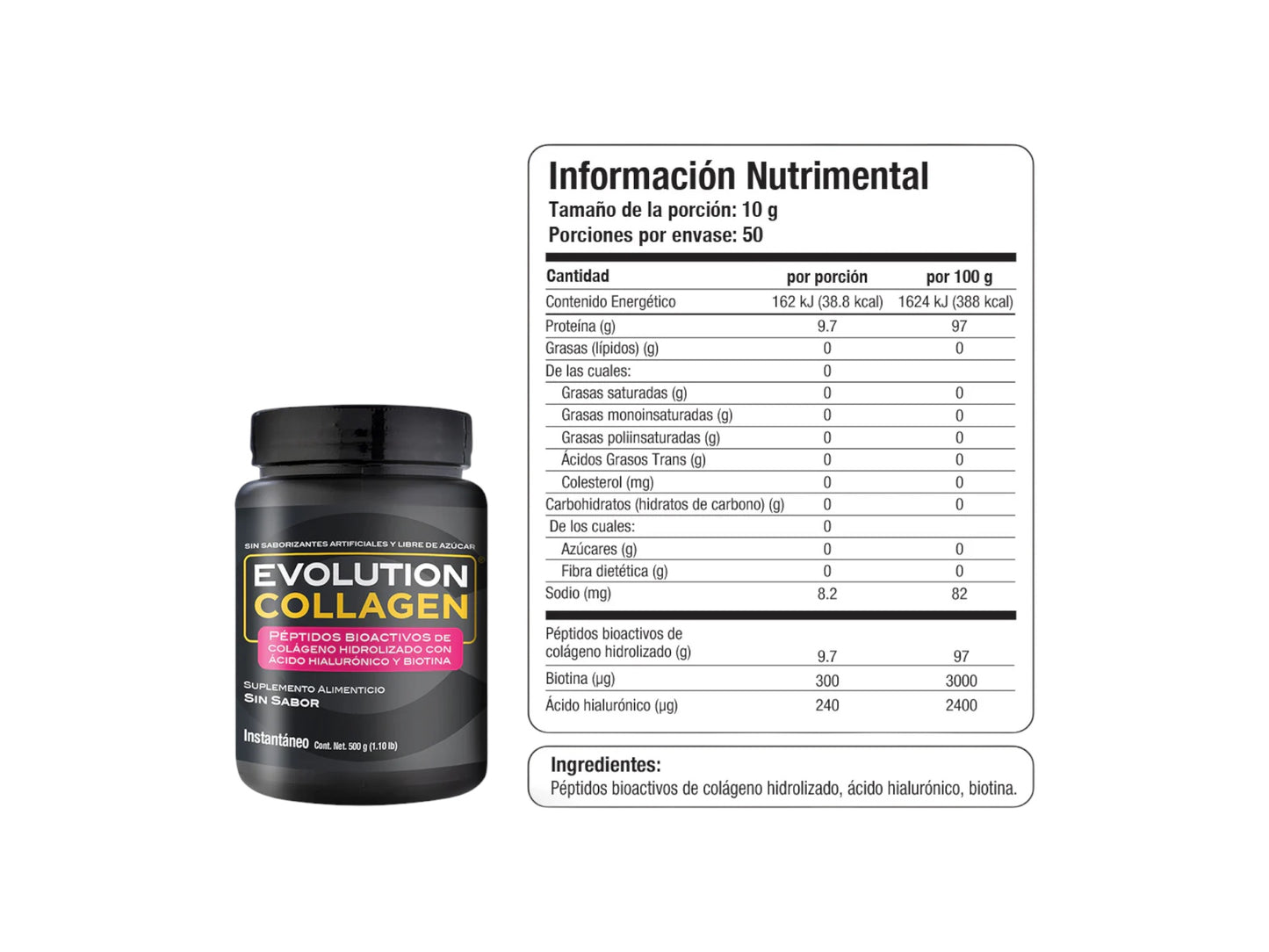 EVOLUTION COLLAGEN - CON ACIDO HIALURONICO Y BIOTINA 500GR